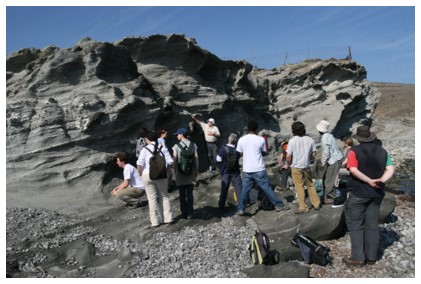 Group of researchers being taught about physical volcanology and its role in mineral resource formation.